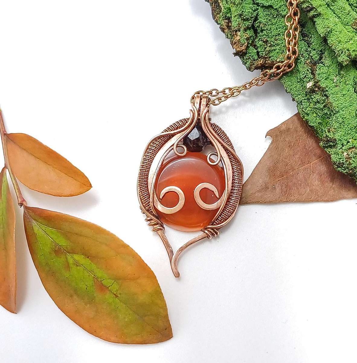Crimson Wisp Pendant and Chain Carnelian and Raw Gemmy Garnet in Copper Twisted & Stoned