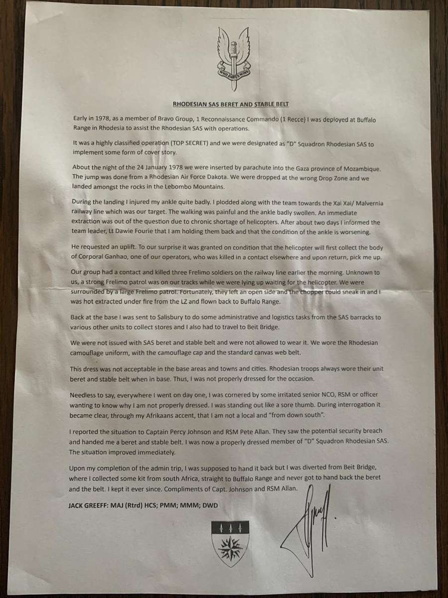 Rhodesian SAS beret and belt: Maj Jack Greeff (Rtrd) HCS, PMM, MMM, DWD - SA Special Forces, Recce
