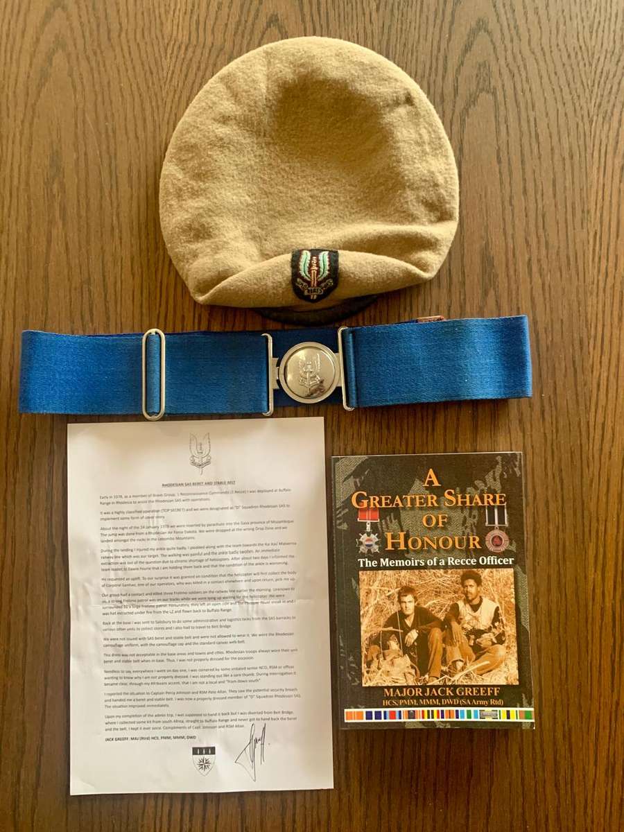 Rhodesian SAS beret and belt: Maj Jack Greeff (Rtrd) HCS, PMM, MMM, DWD - SA Special Forces, Recce