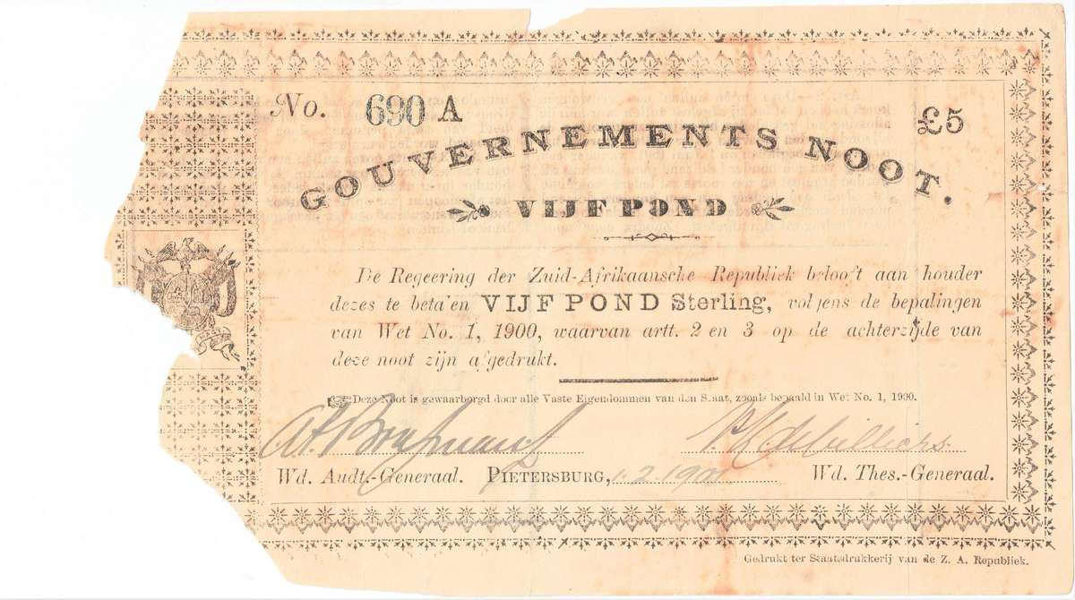 ZAR Pietersburg Vijf Pond Gouvernements Noot