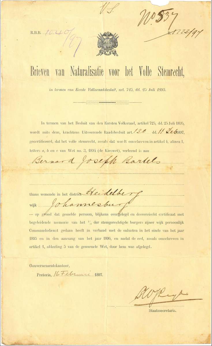 ZAR Brieven van Naturalisatie voor het Volle Stemrecht, signed by Dr. W. J. Leyds