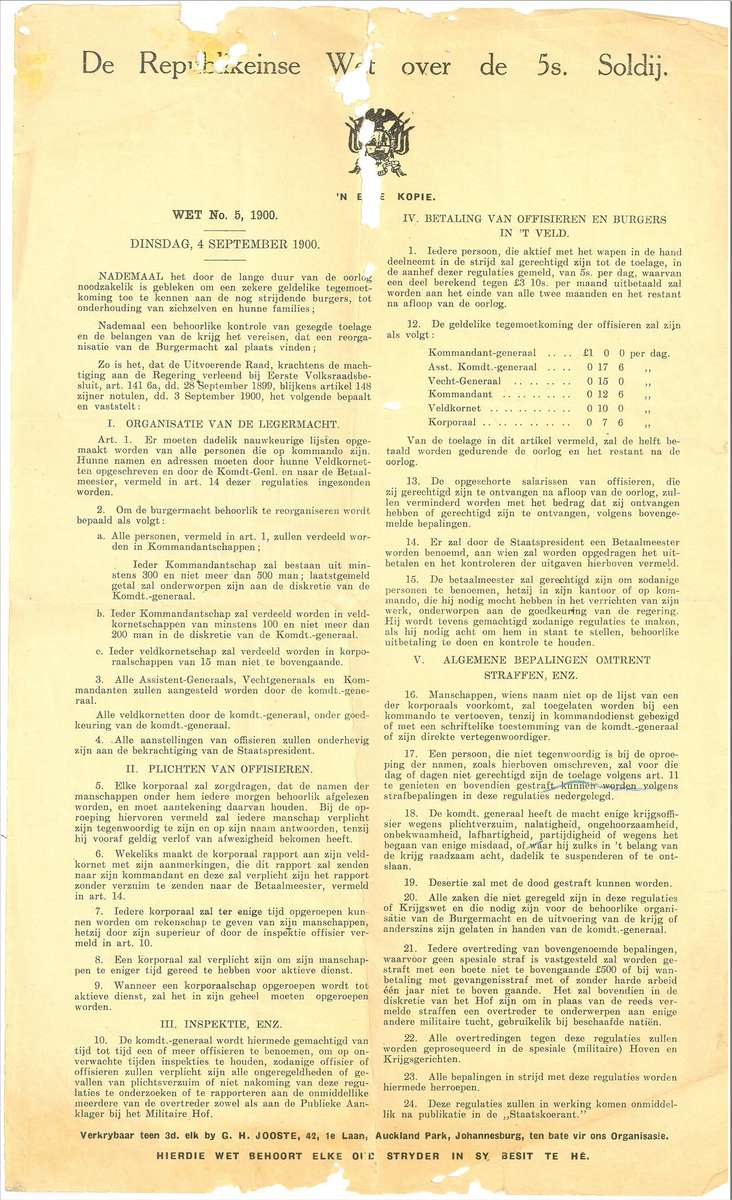 Anglo-Boer War, De Republikeinse Wet over de 5s. Soldij.