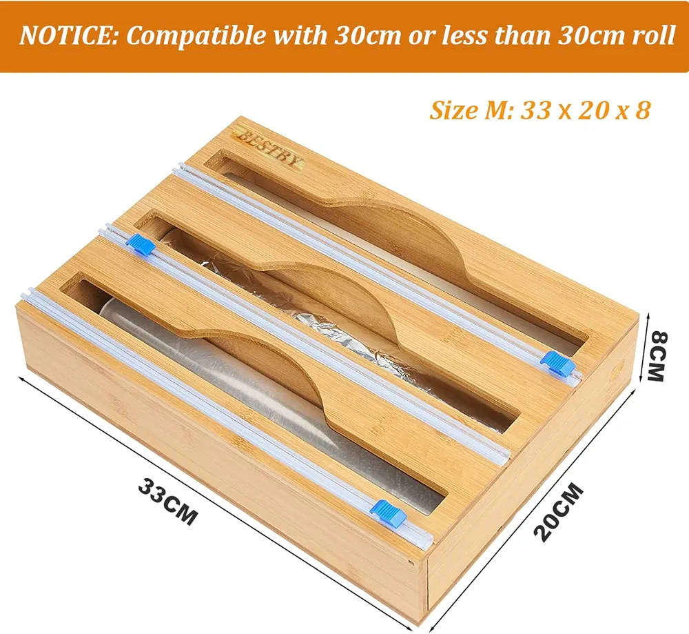 BAMBOO 3 IN ONE FOOD WRAP DISPENSER WITH CUTTERS