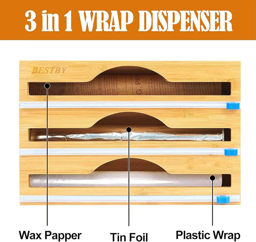 BAMBOO 3 IN ONE FOOD WRAP DISPENSER WITH CUTTERS