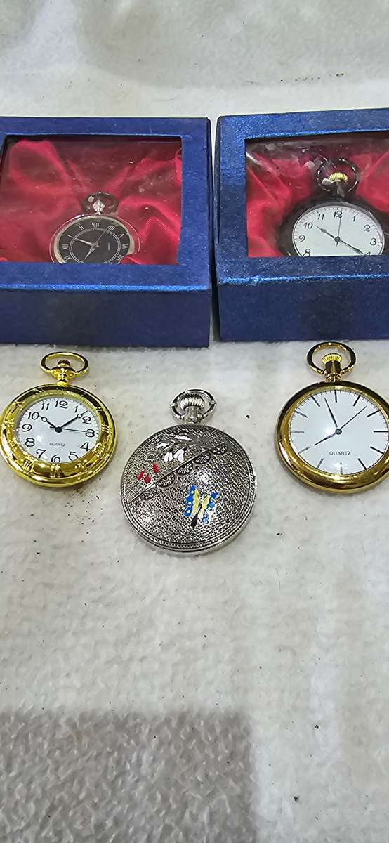 SET OF FIVE QUARTZ POCKETWATCHES-SEE DESCRIPTION(UNUSED)