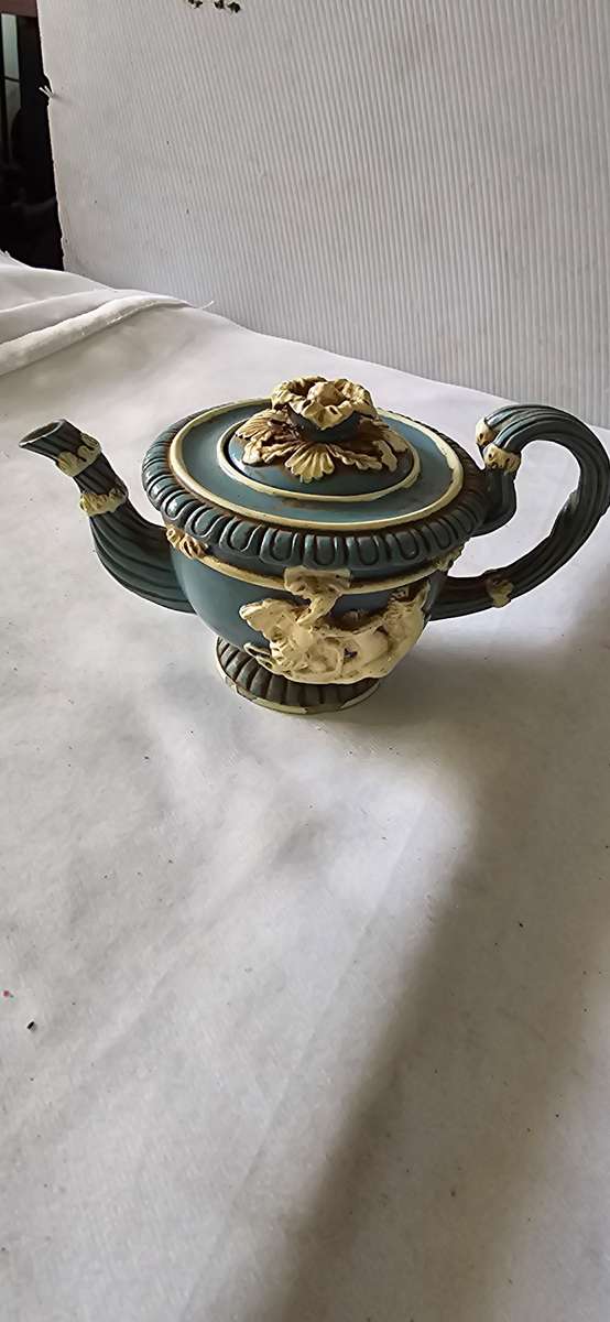 OLD RESIN MINI TEAPOT(HORSE AND CHARIOT EMBOSSED-SEE MARKINGS