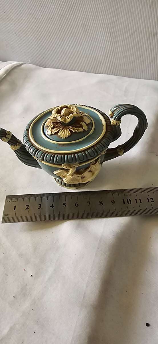OLD RESIN MINI TEAPOT(HORSE AND CHARIOT EMBOSSED-SEE MARKINGS