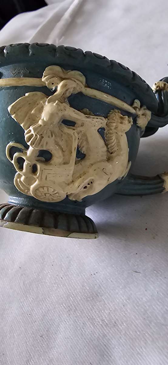 OLD RESIN MINI TEAPOT(HORSE AND CHARIOT EMBOSSED-SEE MARKINGS