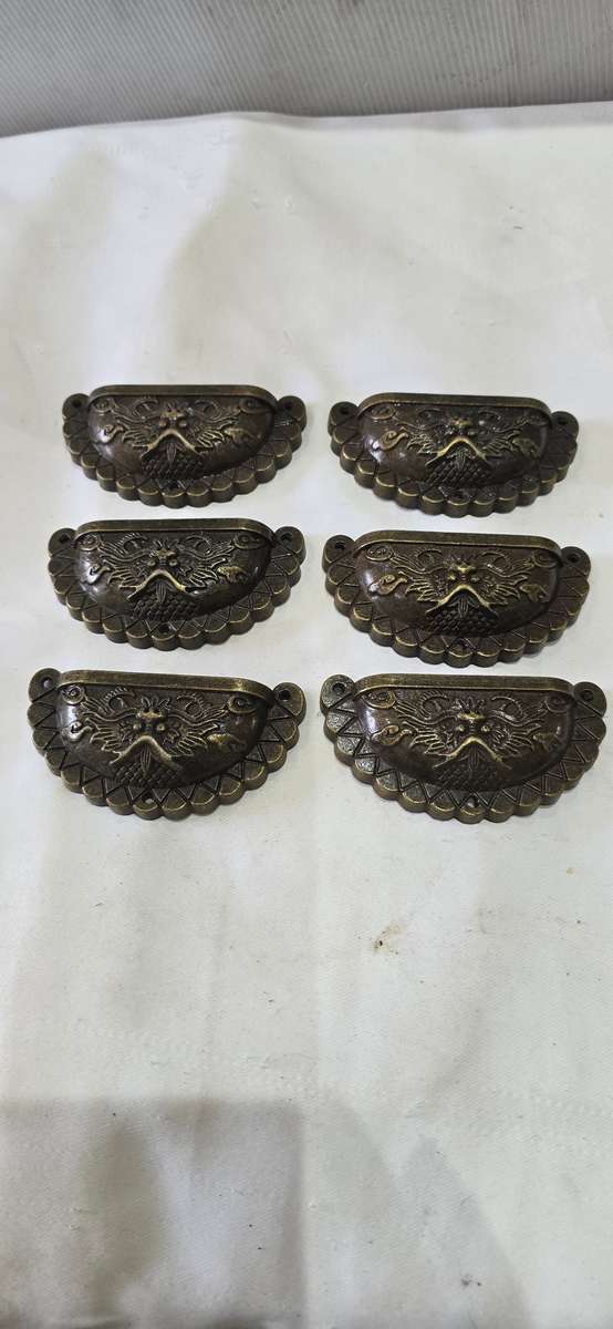 SET OF SIX DRAGON HEAD EMBOSSED NAUTICAL METAL DRAWER  PULLS