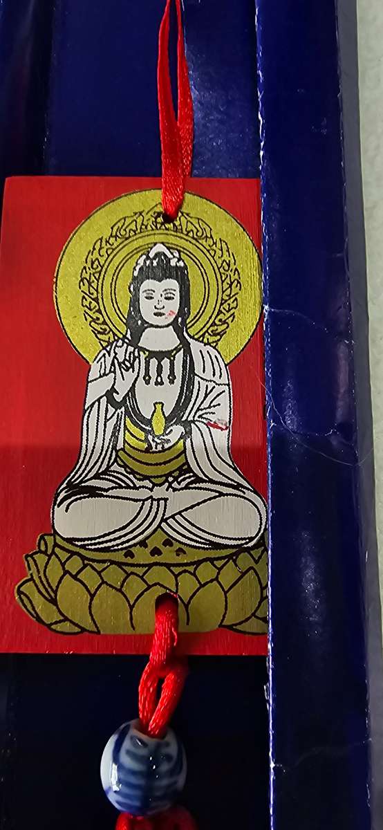 DECORATIVE CAR HANGING WOODEN BUDDAH WITH PORCELAIN BLUE BEADS AND TASSLES