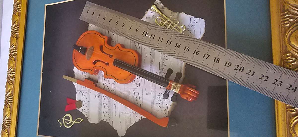 FRAMED WOODEN MINIATURE VIOLIN WITH NOTES(35 x 30cm)