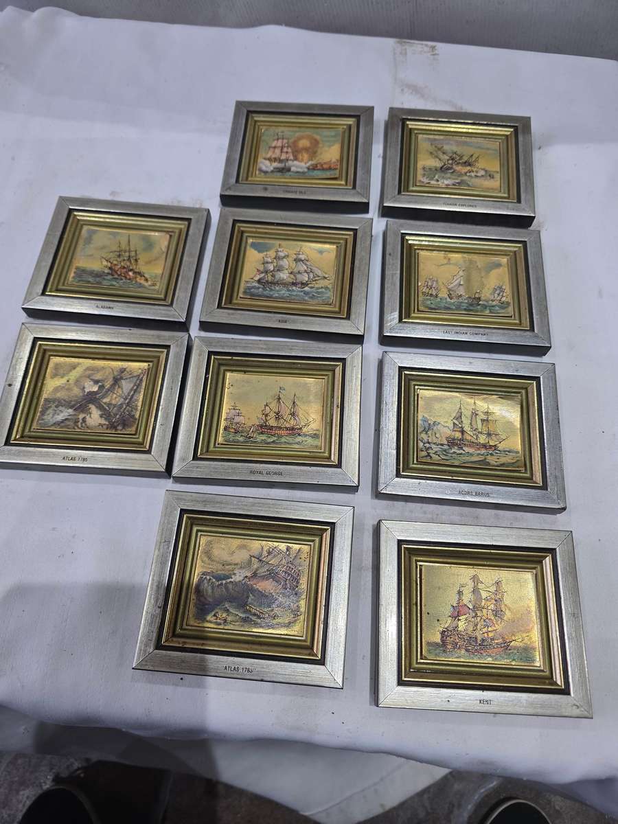 10 x Navigation Ships Miniature Frames (Art Silk Screen Handcrafted on 18K Gold Background) Inscrbed