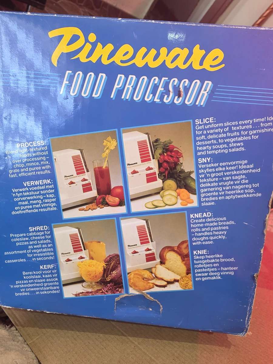 VINTAGE PINEWARE FOOD PROCESSOR WITH ALL ATTACHMENTS