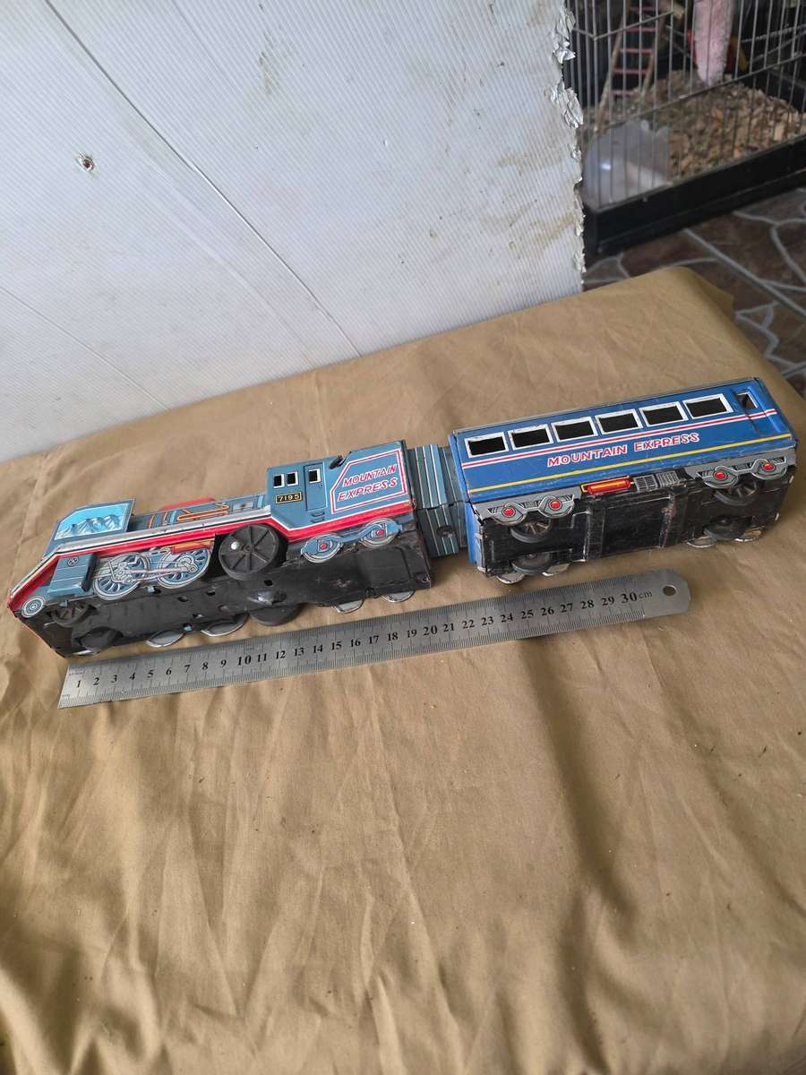 VINTAGE TIN TOY TRAIN AND COACH