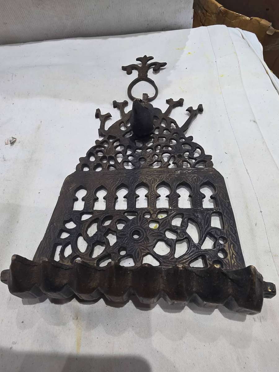 ANTIQUE BRASS OIL AND CANDLE WALL HANGING MENORAH
