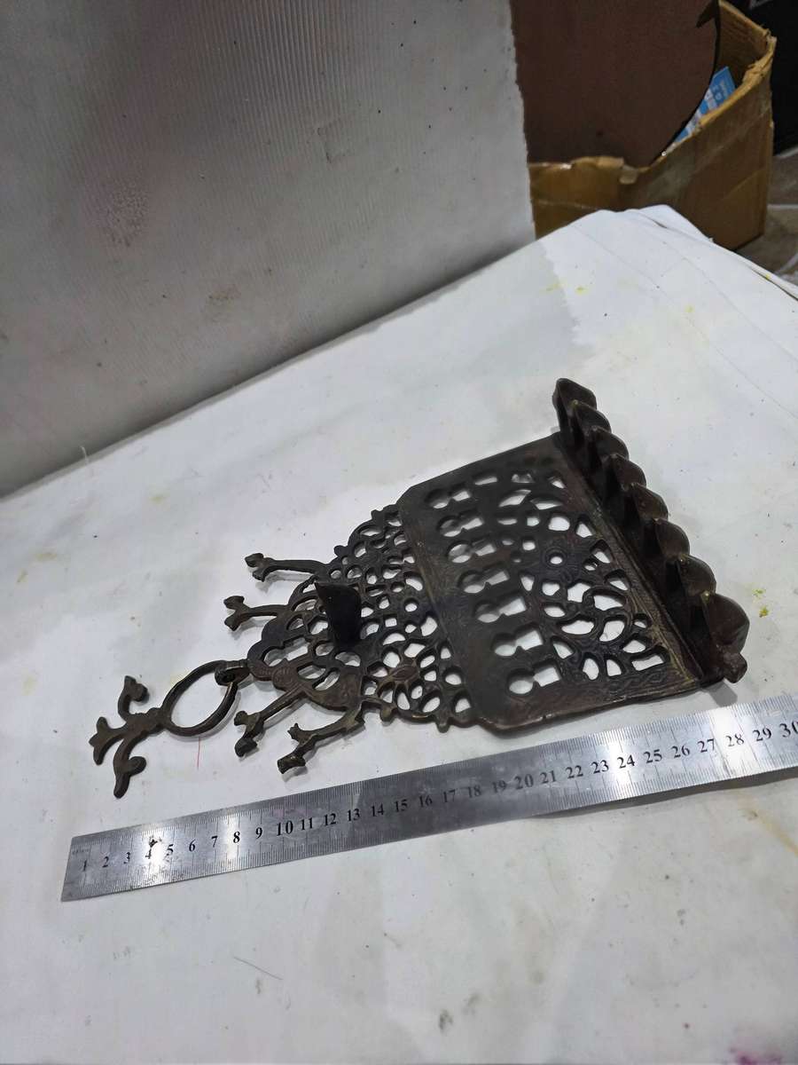 ANTIQUE BRASS OIL AND CANDLE WALL HANGING MENORAH