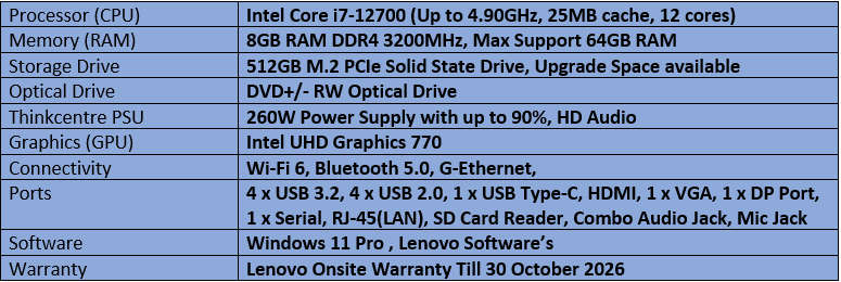 Lenovo ThinkCentre Neo 50T Gen 3 - Intel Core i7 - 12th Generation Desktop