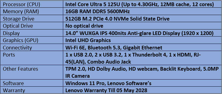 Lenovo Thinkpad L14 Gen 5   - Intel Core Ultra 5 - 125U Notebook