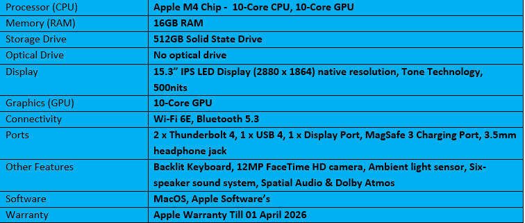 Apple MacBook Air 15  2025- M4 Chip - (16GB RAM/512GB SSD)
