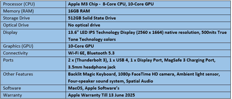 Apple MacBook AIR M3  - 2024 (16GB RAM/512GB SSD)