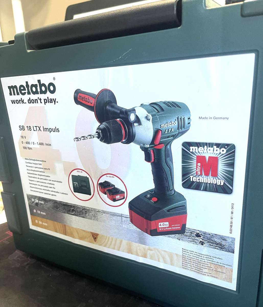 Metabo SB 18 LTX Impulse Cordless Hammer Drill, with batteries case and charger, never used.