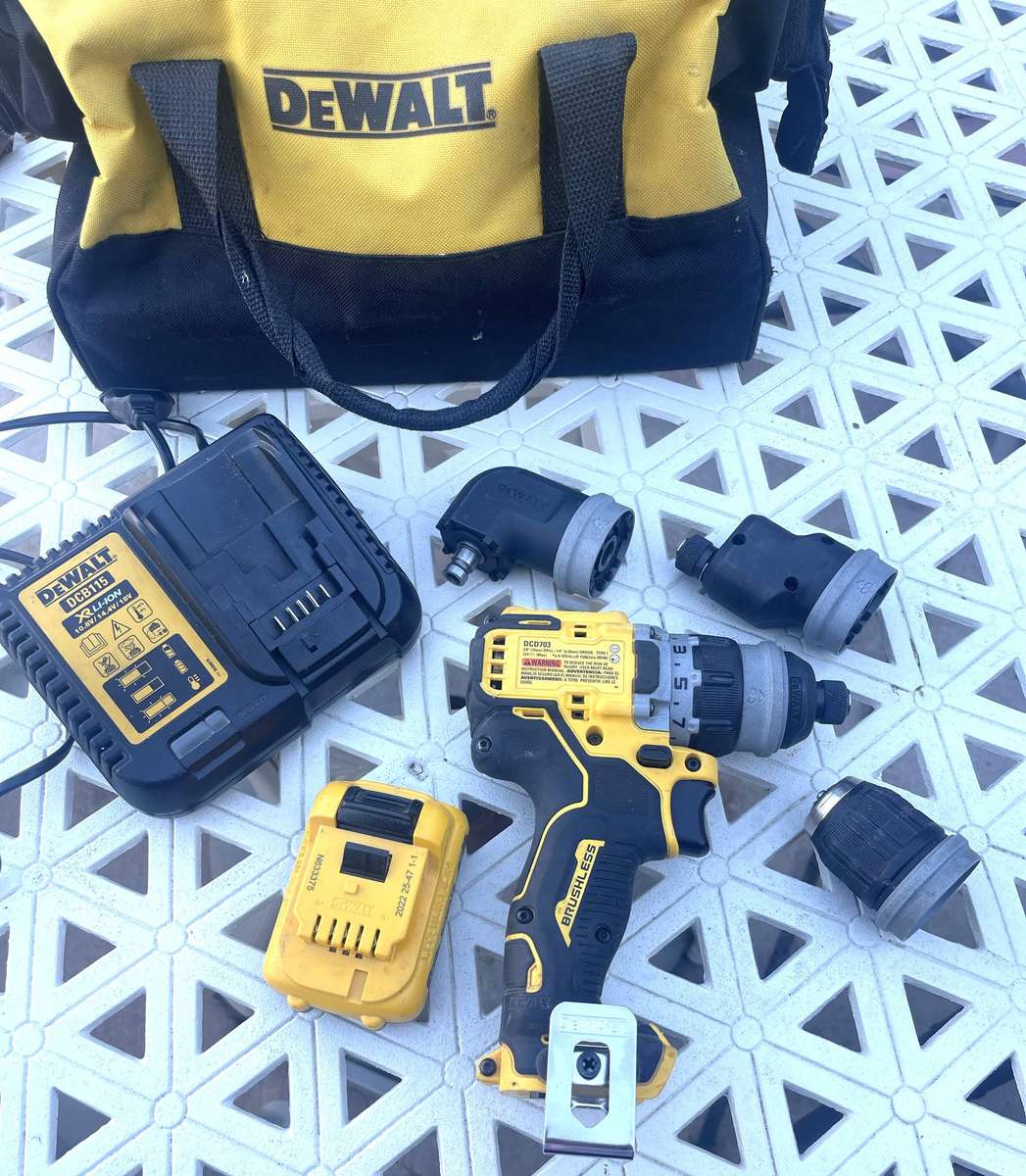 DeWalt DCD703 brushless 5-in-1 multi-head drill driver with battery, charger and Kit Bag.
