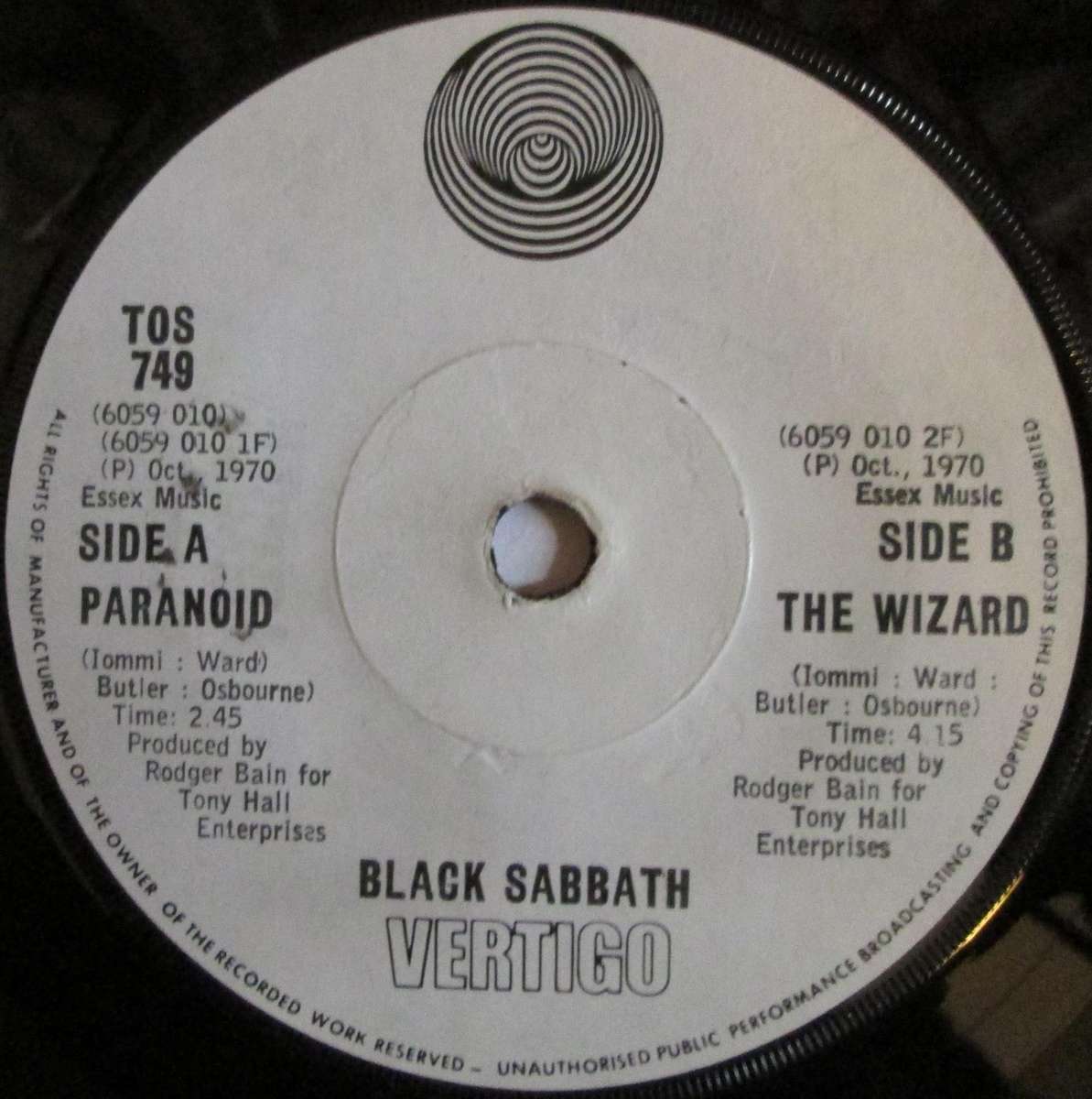 BLACK SABBATH - PARANOID / THE WIZARD  (7 SINGLE/VINYL)