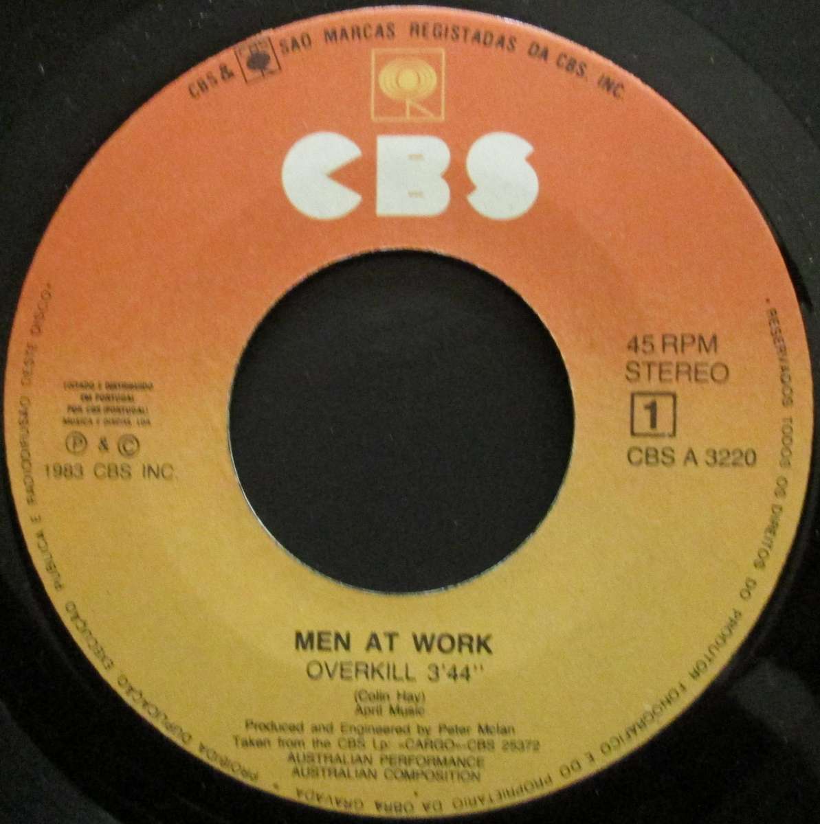 MEN AT WORK - OVERKILL / TILL THE MONEY RUNS OUT  (7 SINGLE/VINYL)
