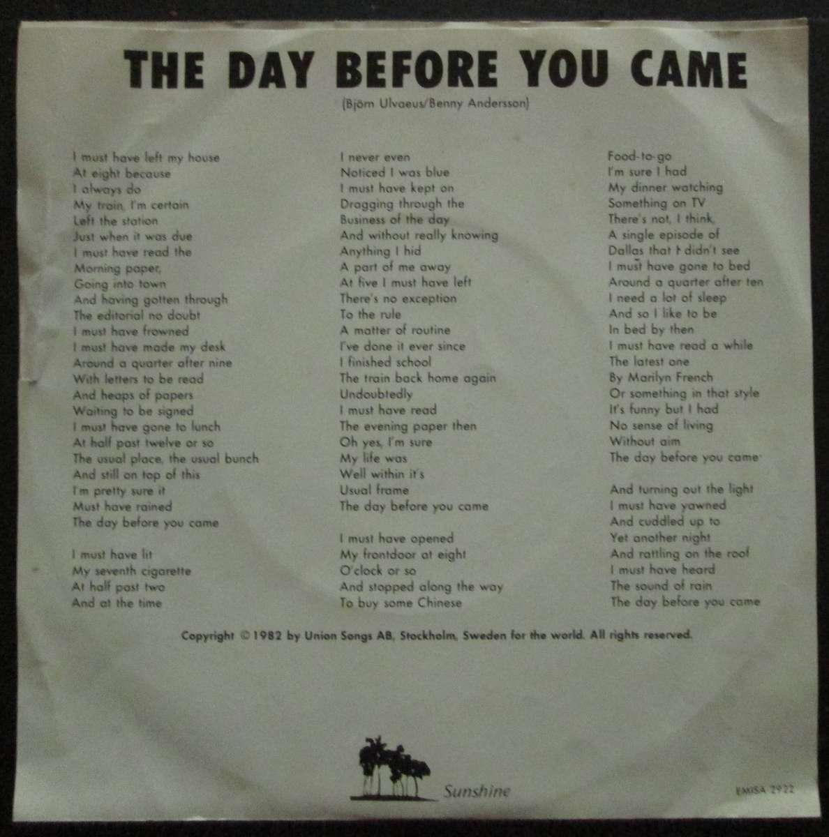 ABBA - THE DAY BEFORE YOU CAME / CASSANDRA (7 SINGLE/VINYL)