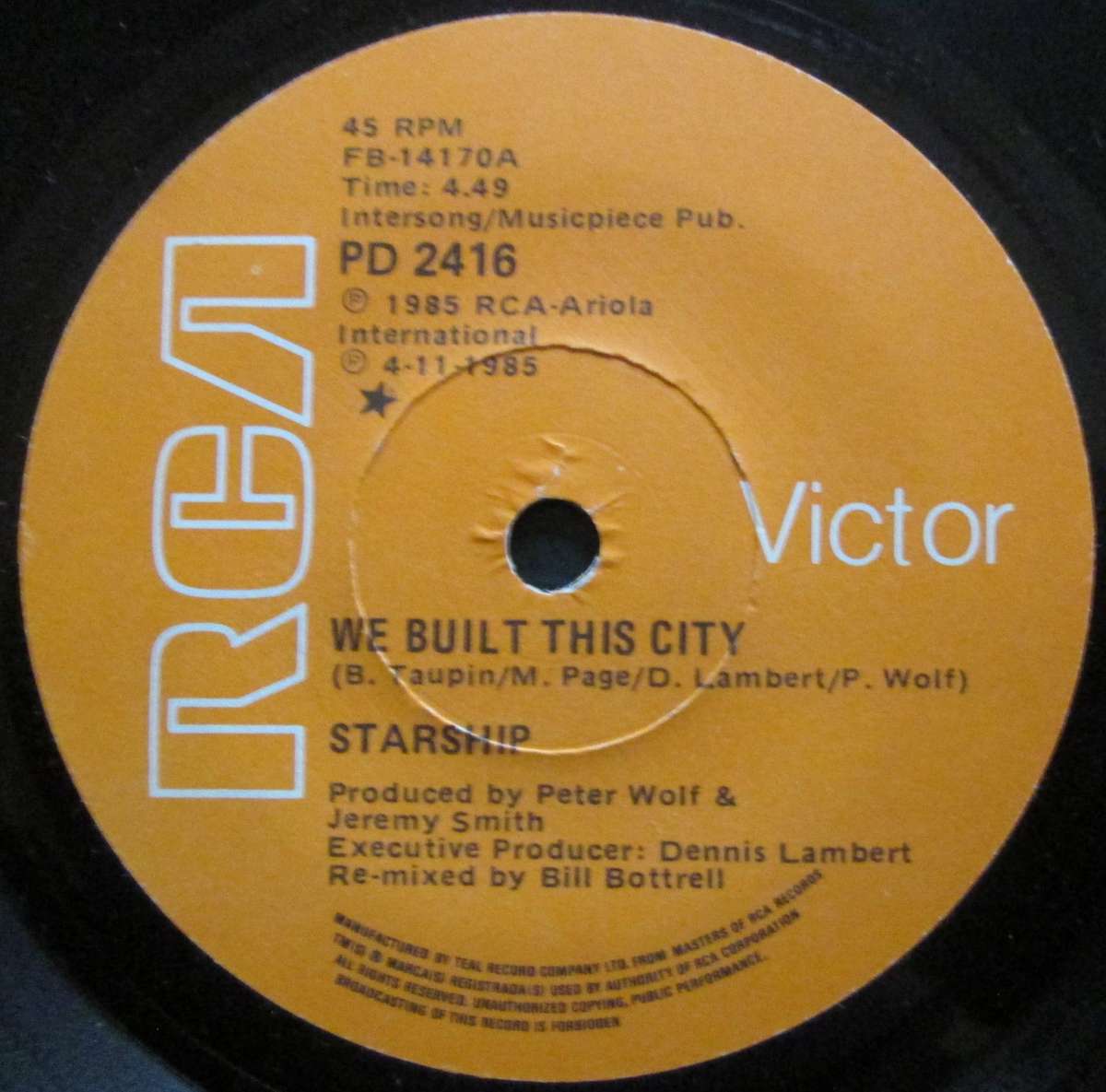 STARSHIP -  WE BUILT THIS CITY / PRIVATE  ROOM (INSTRUMENTAL) (7 SINGLE/VINYL)