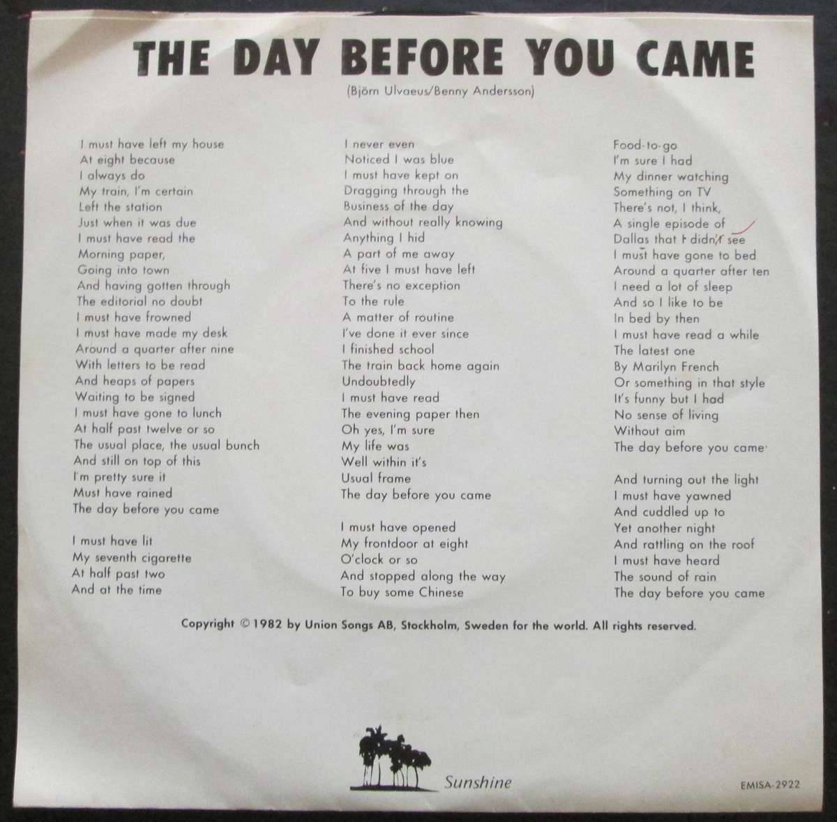 ABBA - THE DAY BEFORE YOU CAME / CASSANDRA    (7 SINGLE/VINYL)