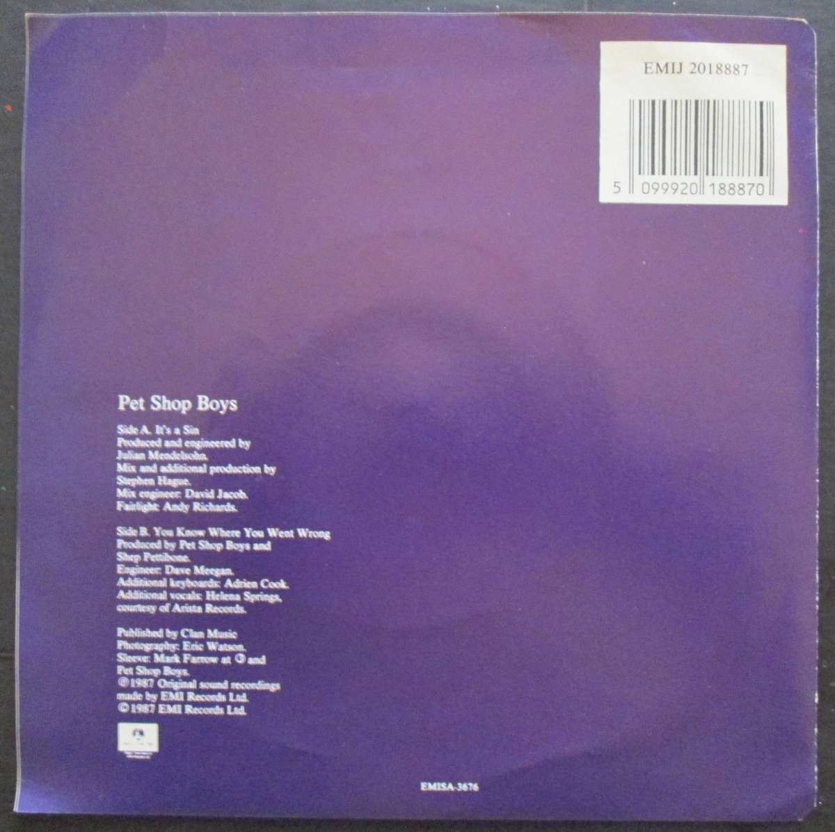 PET SHOP BOYS -  ITS A SIN / YOU KNOW WHERE YOU WENT WRONG  (7 SINGLE/VINYL)