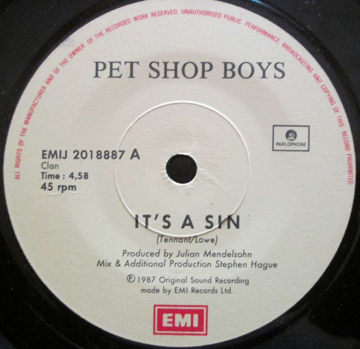 PET SHOP BOYS -  ITS A SIN / YOU KNOW WHERE YOU WENT WRONG  (7 SINGLE/VINYL)