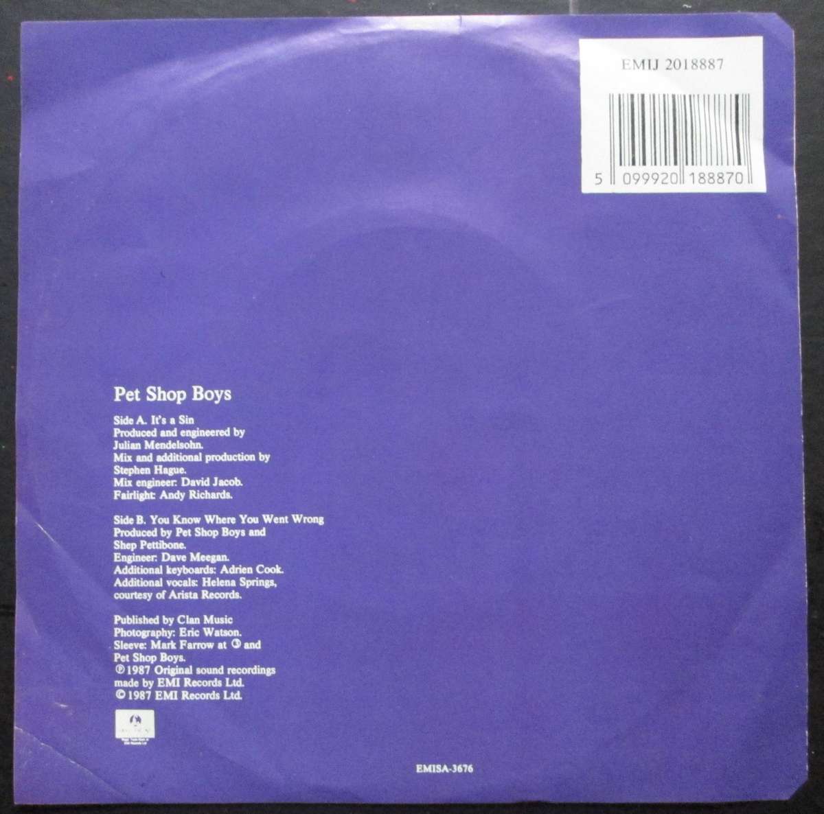 PET SHOP BOYS  - ITS A SIN / YOU KNOW WHERE YOU WENT WRONG (7 SINGLE/VINYL)