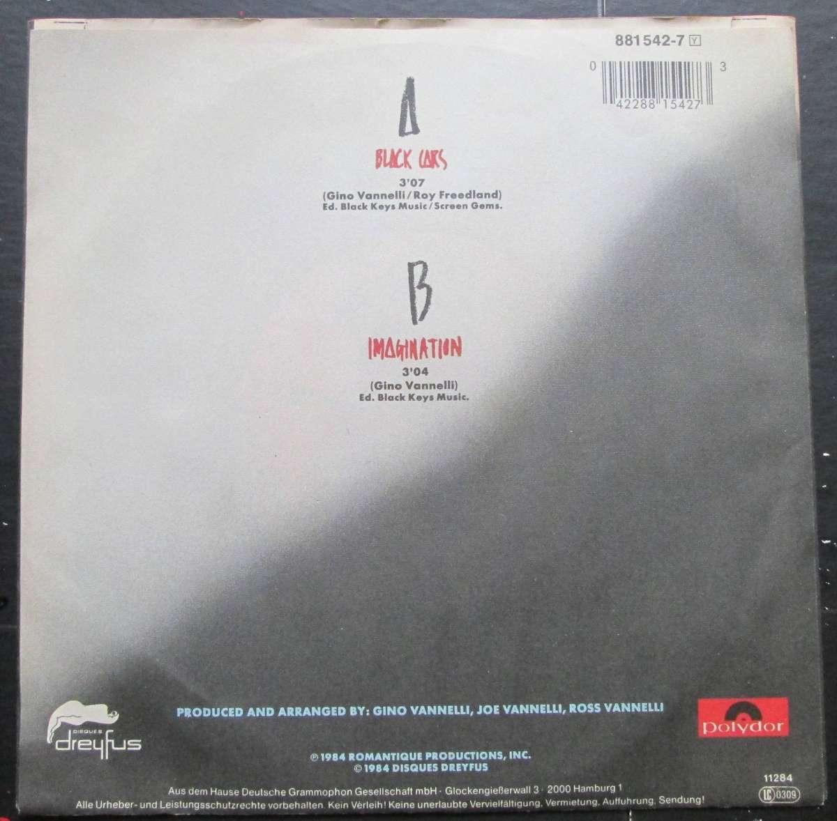 GINO VANNELLI - BLACK CARS / IMAGINATION   (7 SINGLE/VINYL)