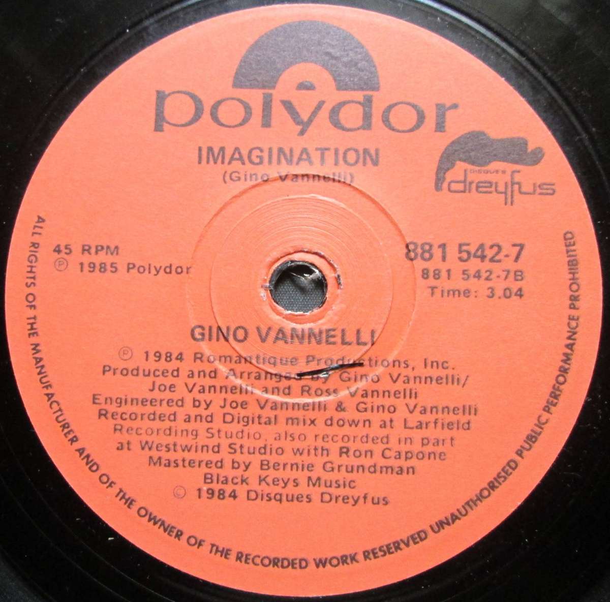 GINO VANNELLI - BLACK CARS / IMAGINATION   (7 SINGLE/VINYL)