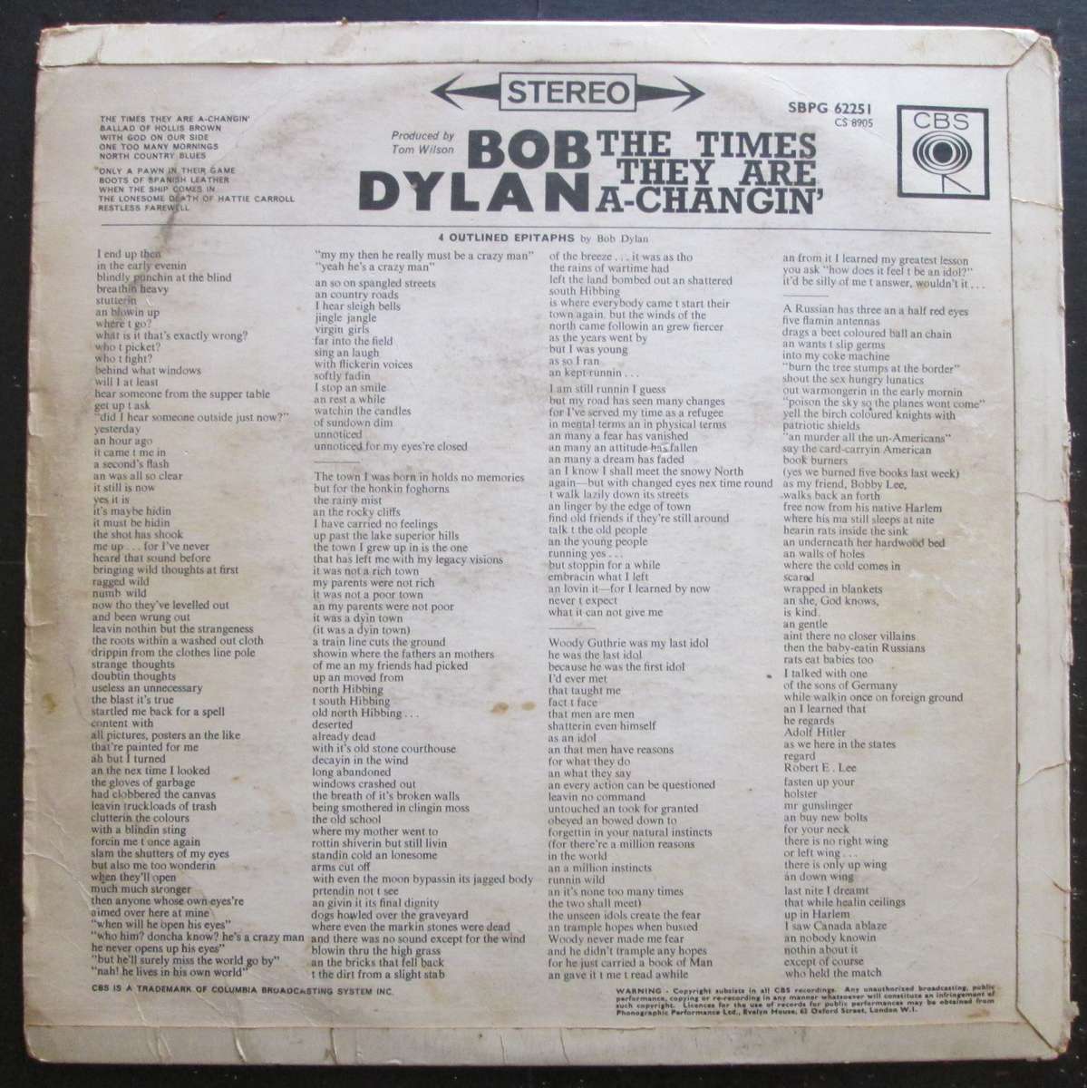 BOB DYLAN - THE TIMES THEY ARE A-CHANGIN  (LP/VINYL)