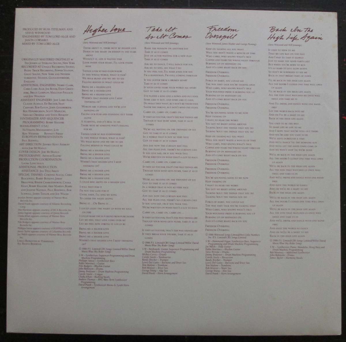 STEVE WINWOOD - BACK IN THE HIGH LIFE   (LP/VINYL)