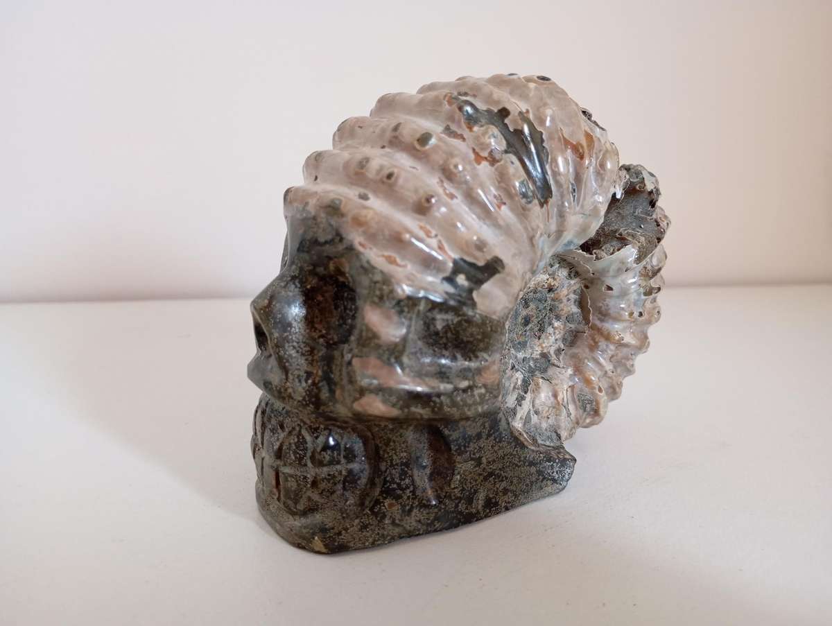 Ammonite with Skull Carving