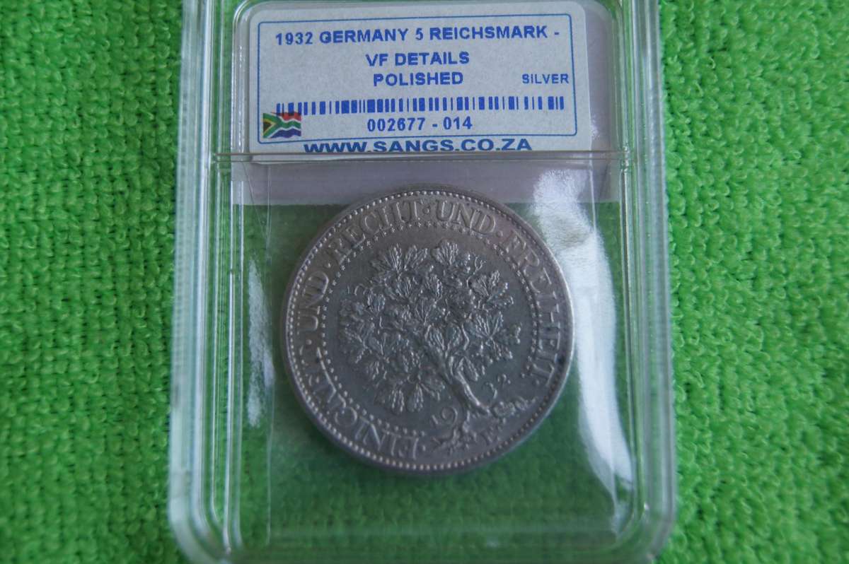 1932 Germany Silver 5 Reichs Mark - SANGS VF Details