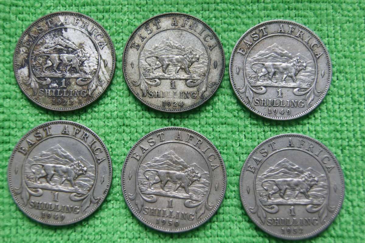 East Africa Shillings (x6) - Includes 2 silver Shillings