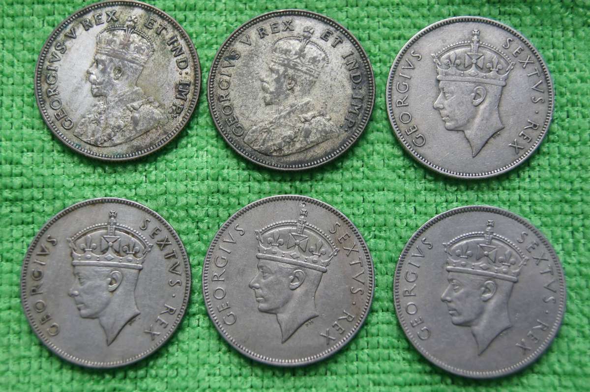 East Africa Shillings (x6) - Includes 2 silver Shillings