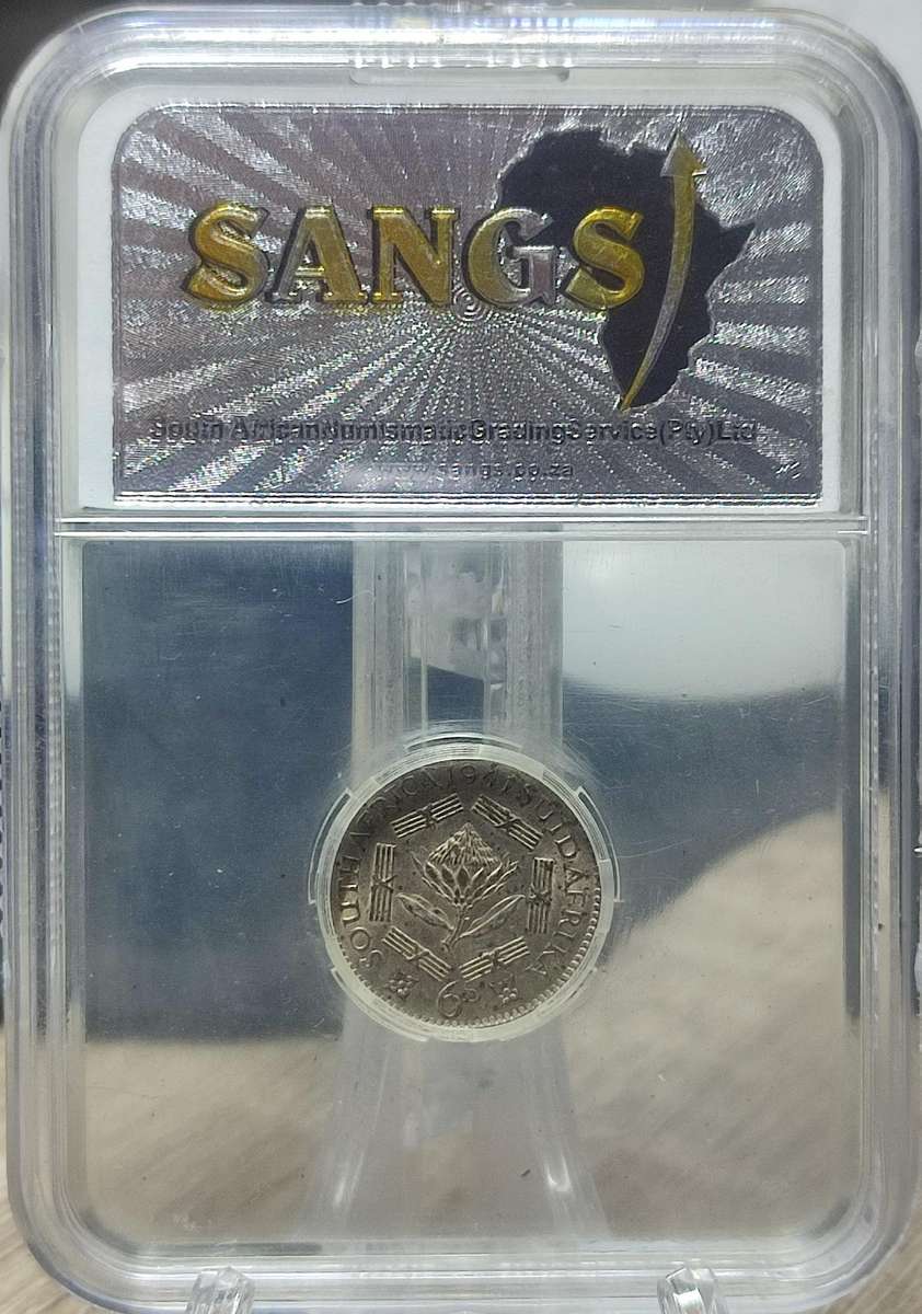 1941 6 PENCE 6D UNC COIN - SANGS GRADED AU53 (NONE MINTED IN PROOF)