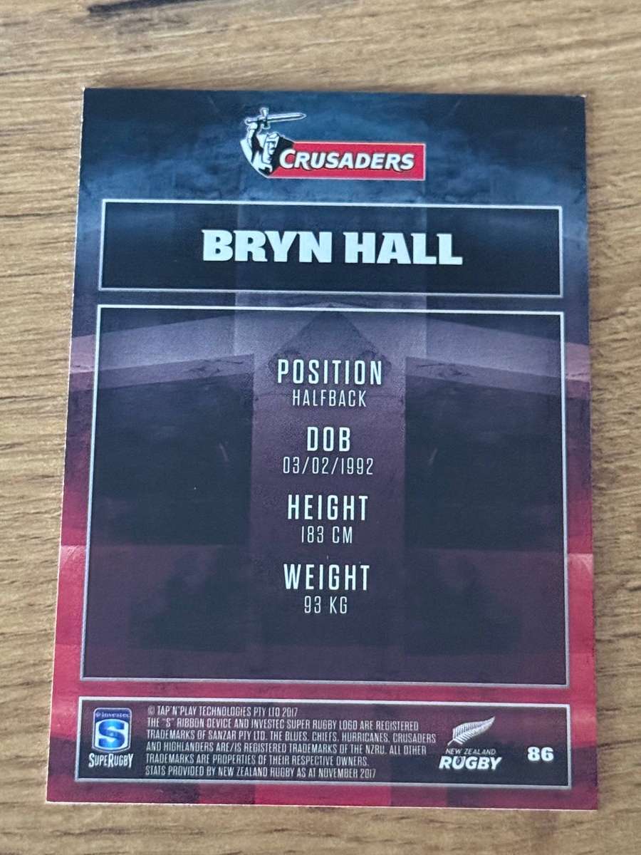 Rugby Card - Bryn Hall (Crusaders) 2017 Tap and Play Rugby Card