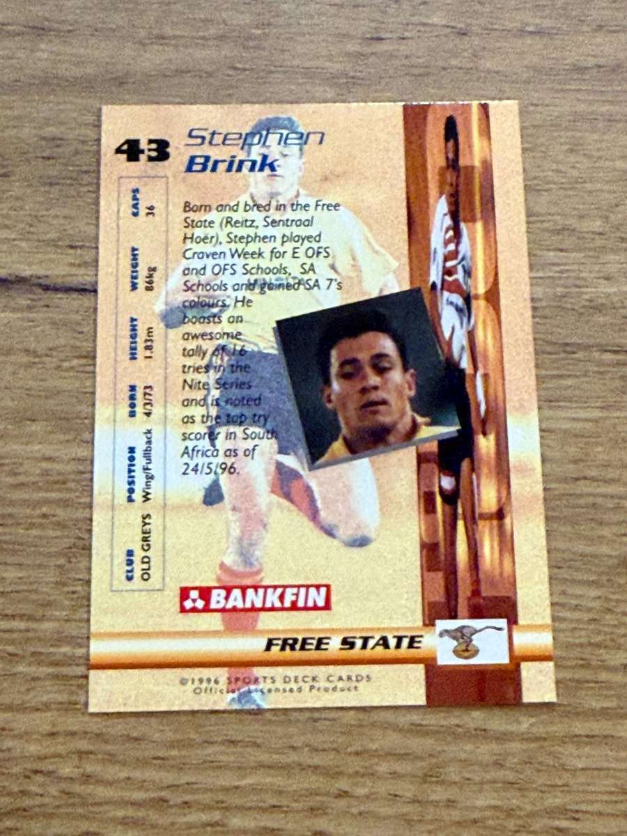 Rugby Card - Stephen Brink 1996 Sports Deck Rugby Card