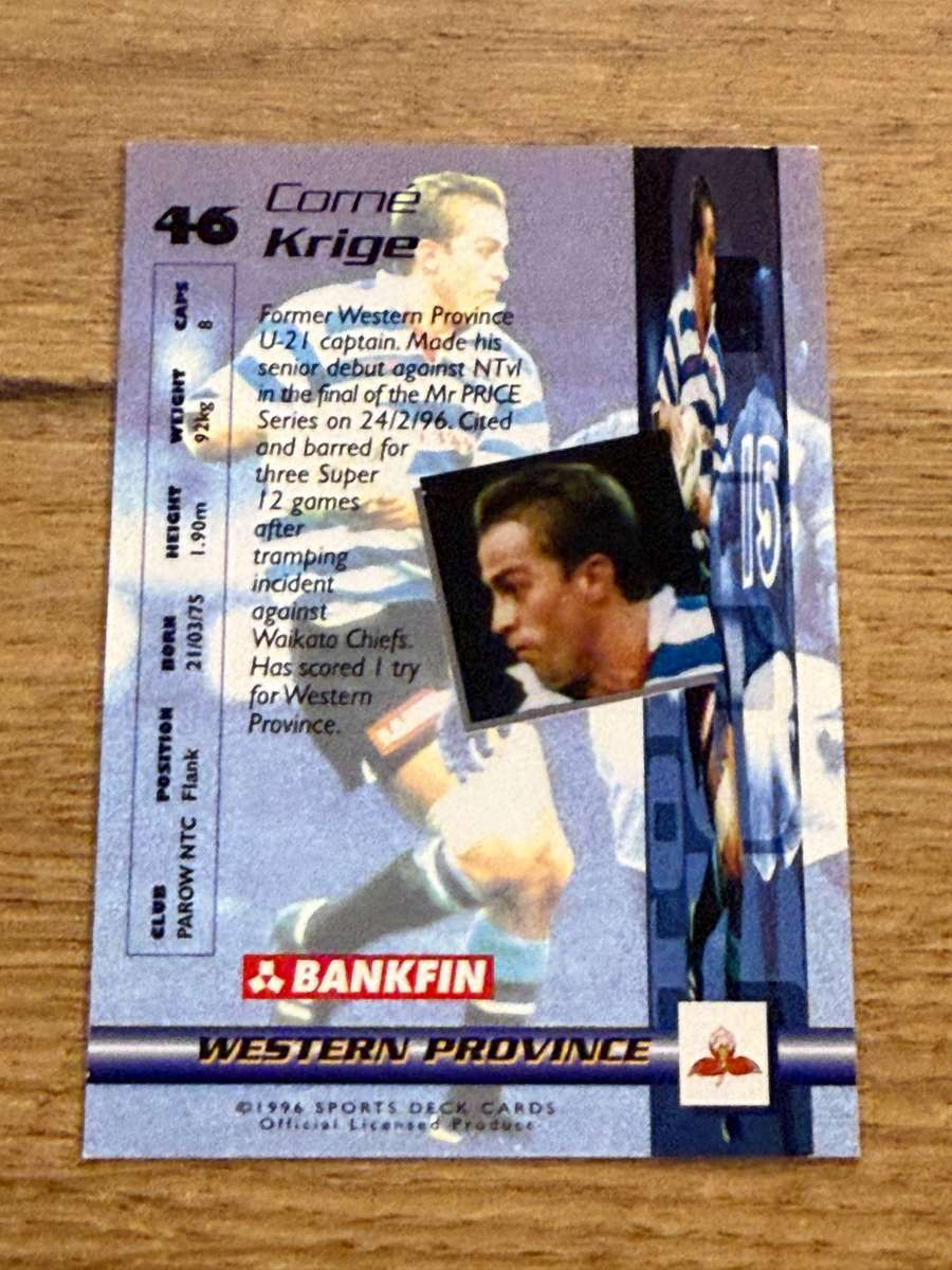 Rugby Card - Corne Krige 1996 Sports Deck Rugby Card