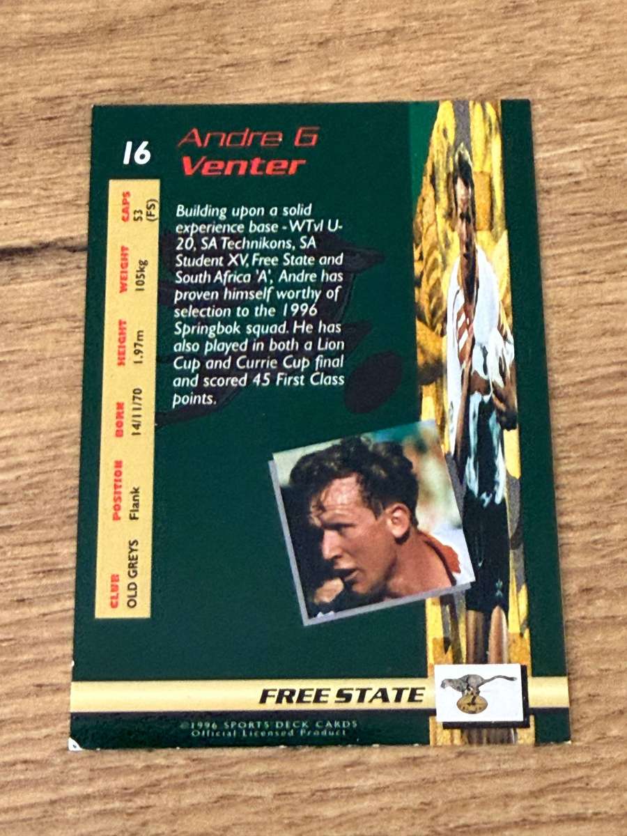 Rugby Card - Andre Venter 1996 Sports Deck Rugby Card