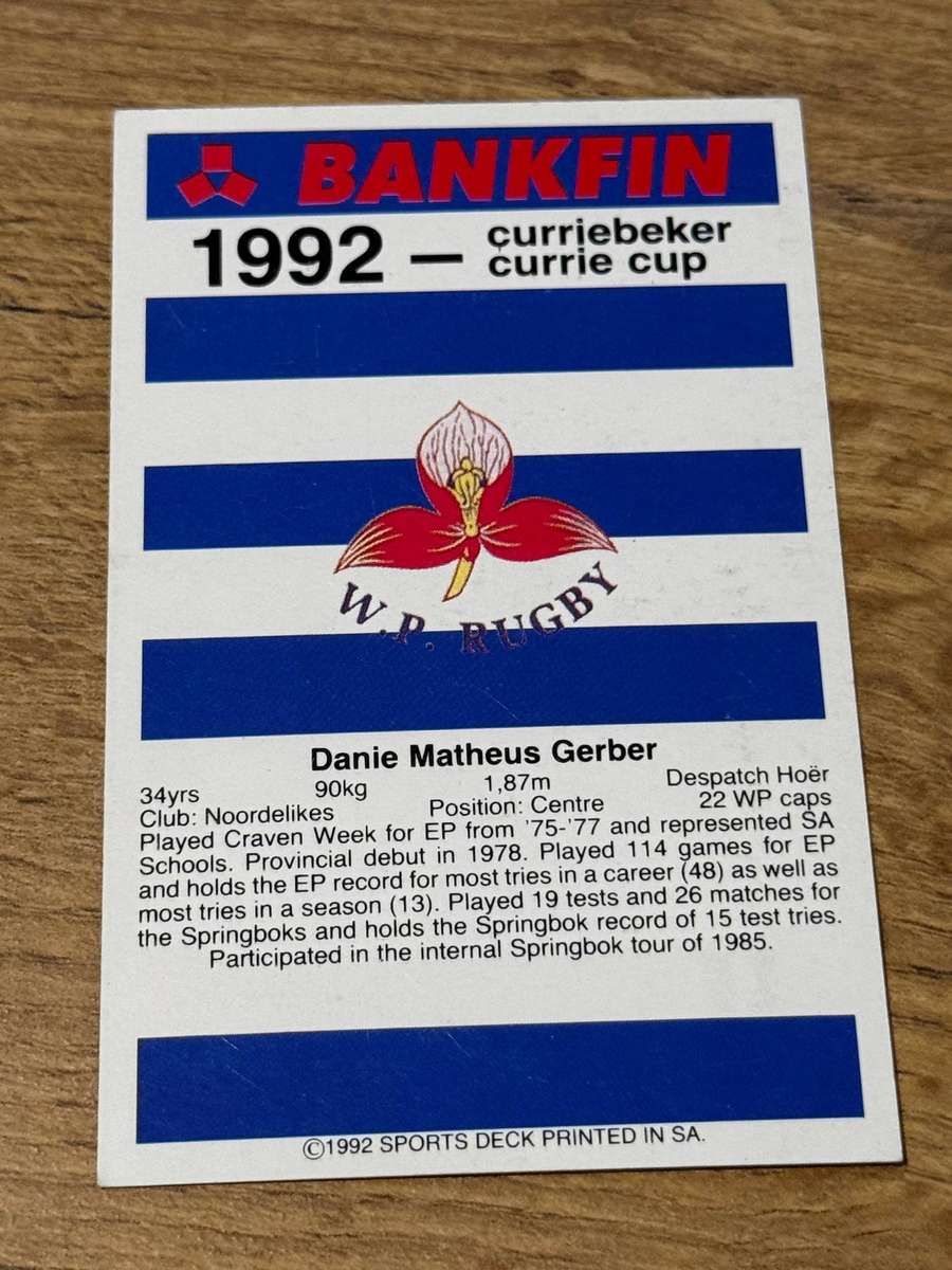 Rugby Card - Danie Gerber 1992 Sports Deck Rugby Card