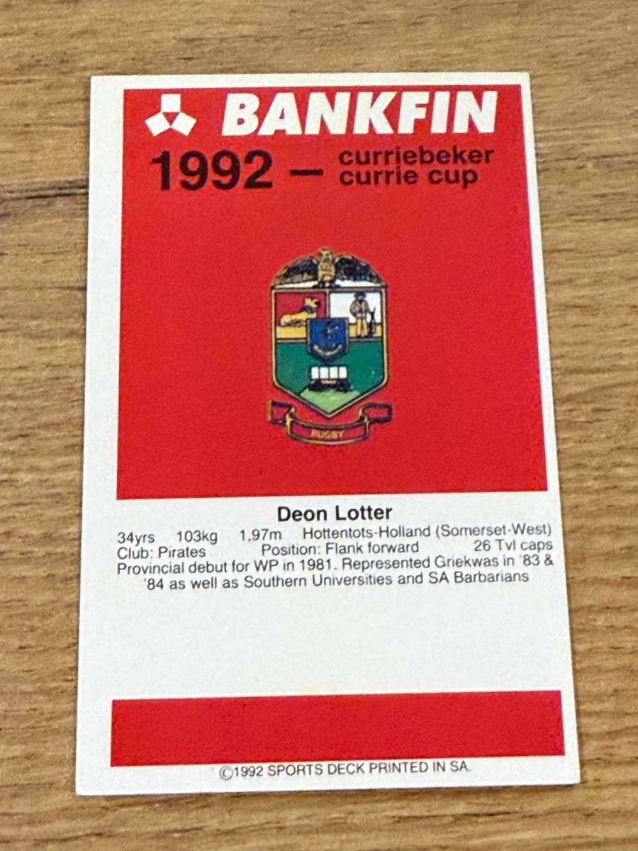 Rugby Card - Deon Lotter 1992 Sports Deck Rugby Card