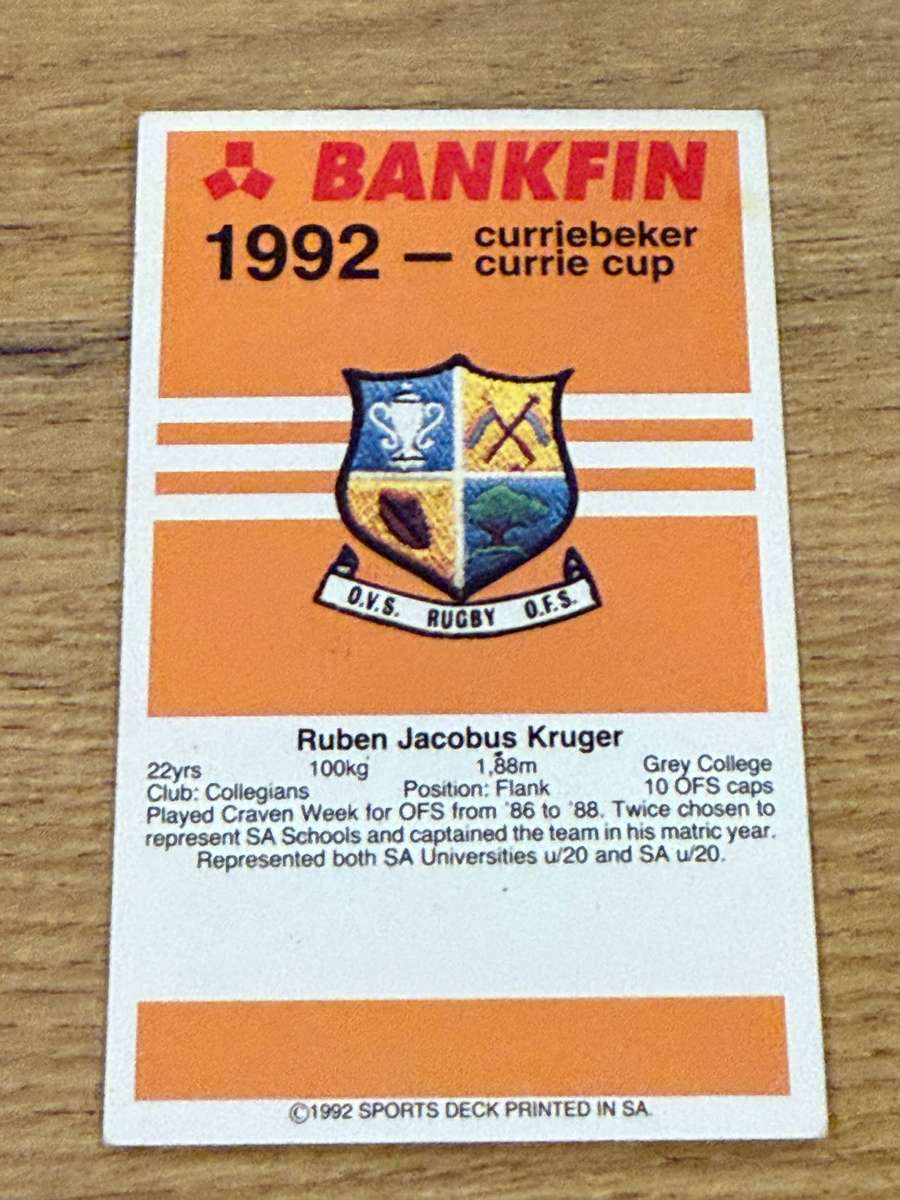Rugby Card - Ruben Kruger 1992 Sports Deck Rugby Card